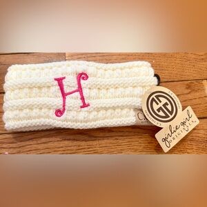 Girlie Girl Originals Kids Knit Ear Warmer Headband Ivory Pink Monogram H NWT